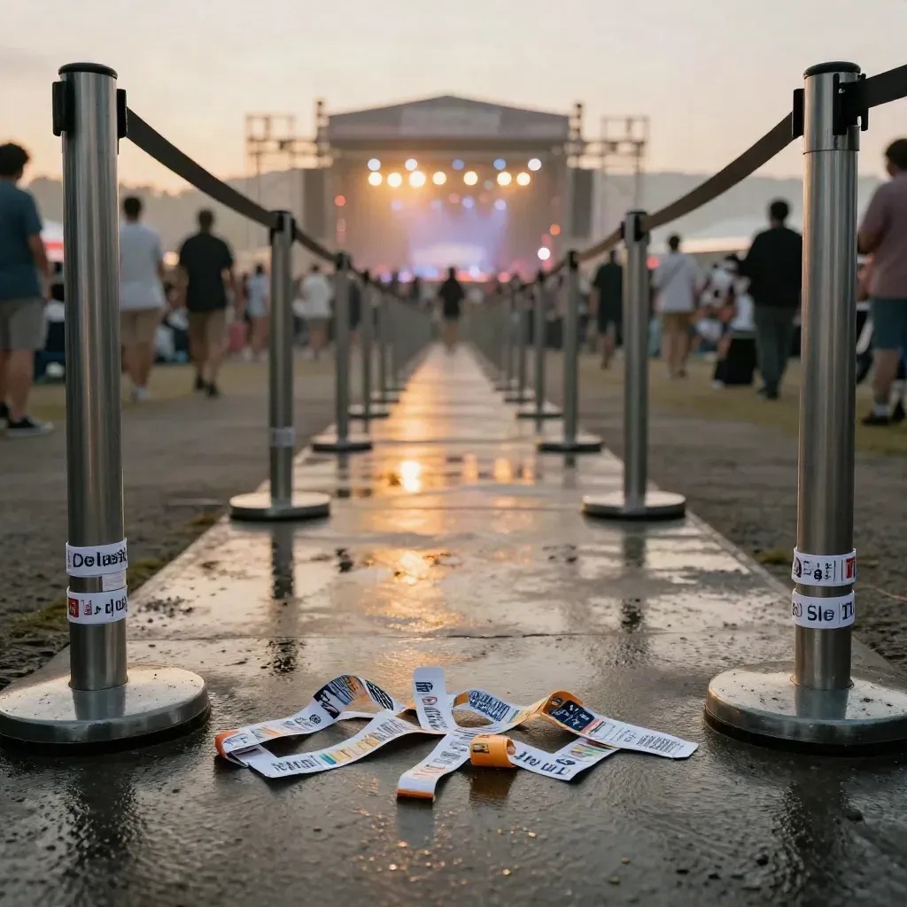 Low festival entry lane with wristbands, barrier posts and a distant stage glow after rain.