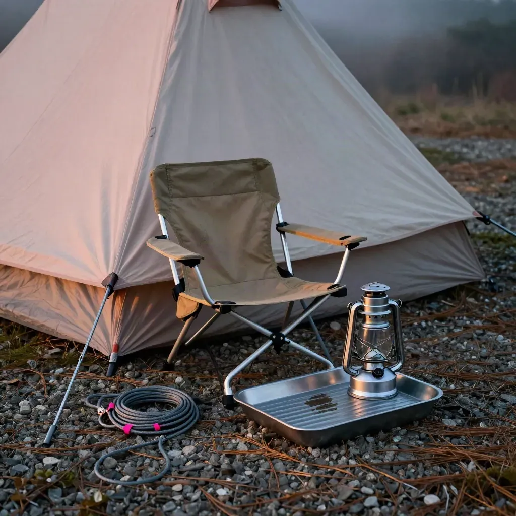 Canvas tent corner with camp chair, lantern, boot tray and stakes at dawn