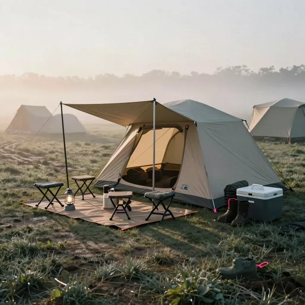 Settled four-person campsite with tent, stools, lanterns and gear mat in cool dawn mist.
