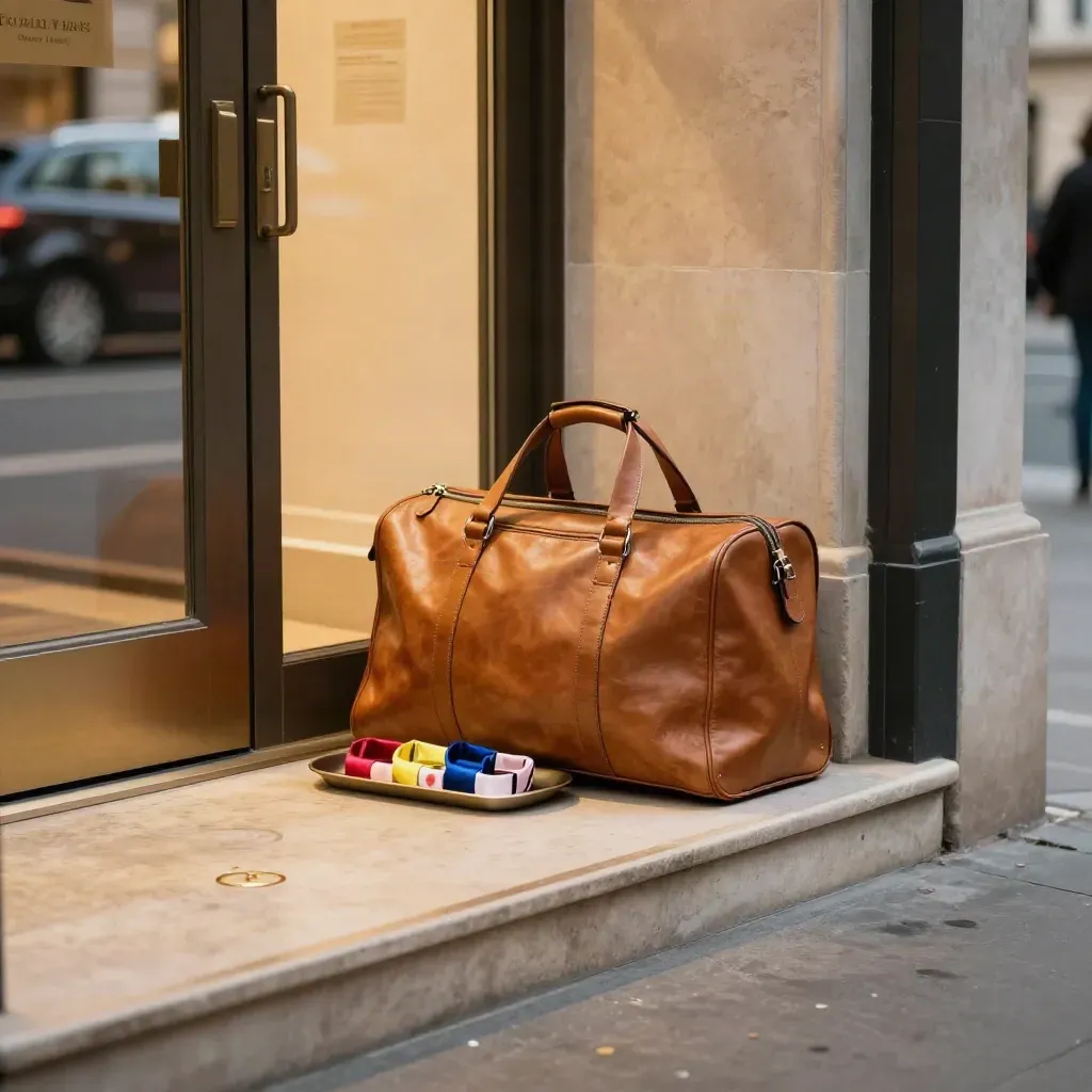 City hotel doorway with a holdall and festival wristband tray beside a taxi curb.