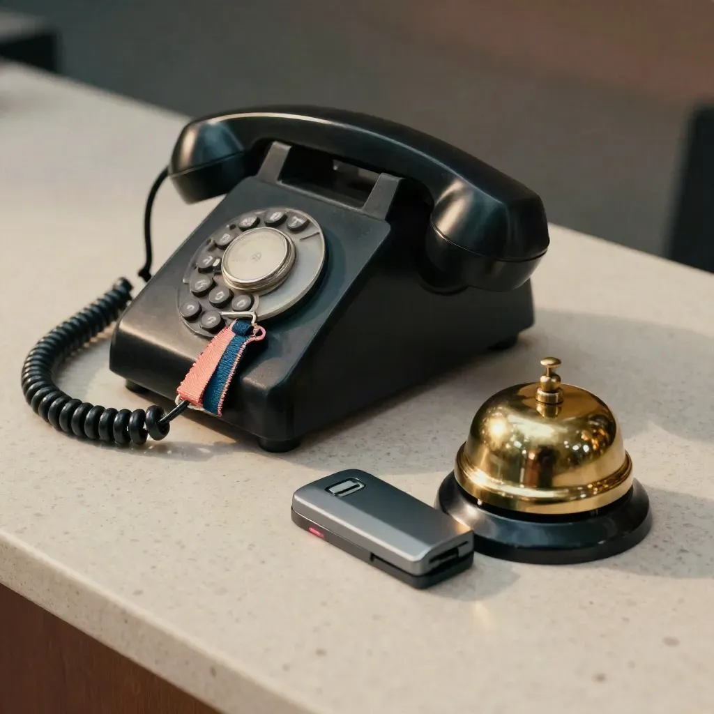 Macro support station with hotline phone, wristbands, bell and scanner dock on travertine.